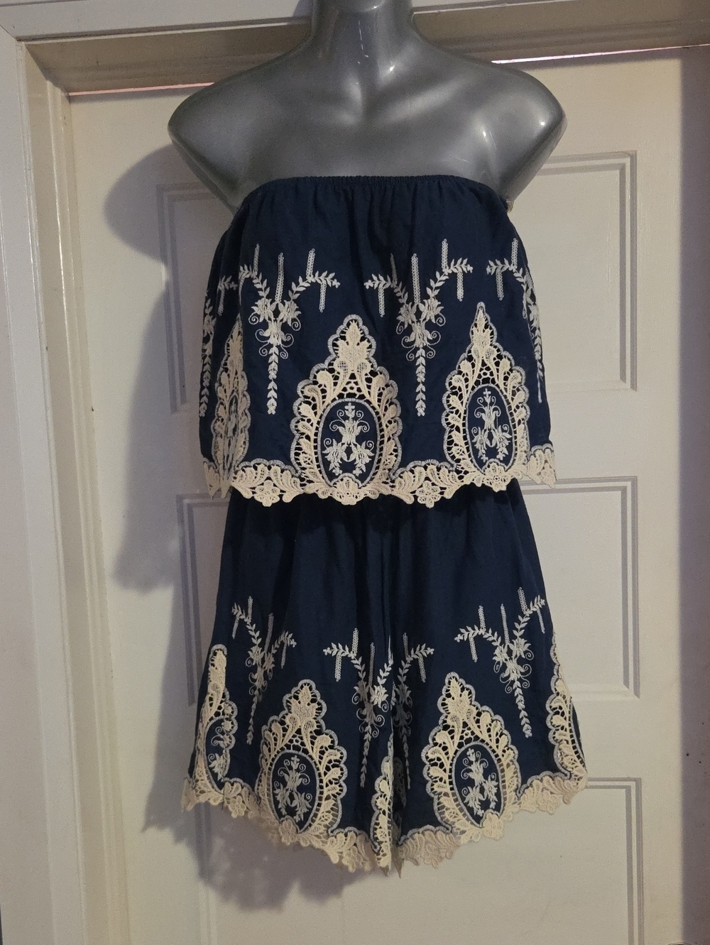 Navy Blue Strapless Embroidered Skirt Set